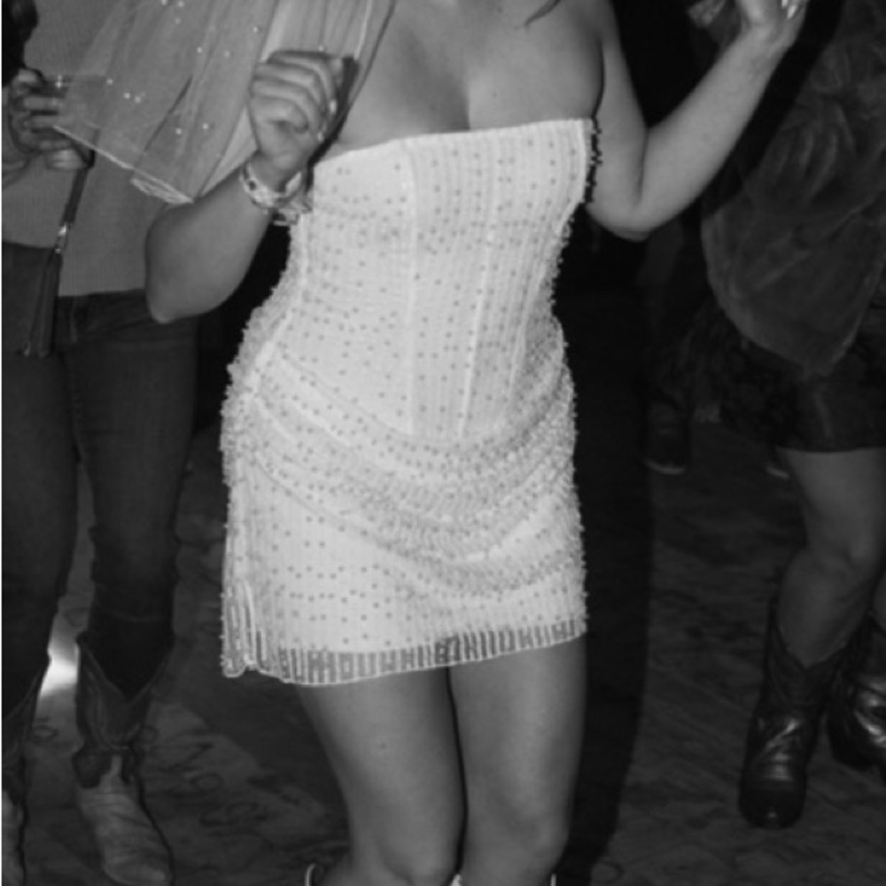 Oh Polly Embellished Draped Strapless A-Line Mini Dress in White - Picture 3 of 6